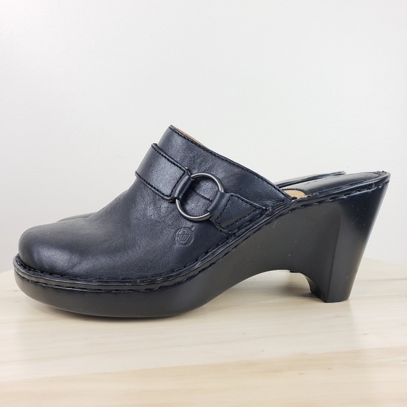 Born Clogs Mules Size 9 Black Leather Wedge Heel Mules Comfort Casual Bohemian - Picture 2 of 13